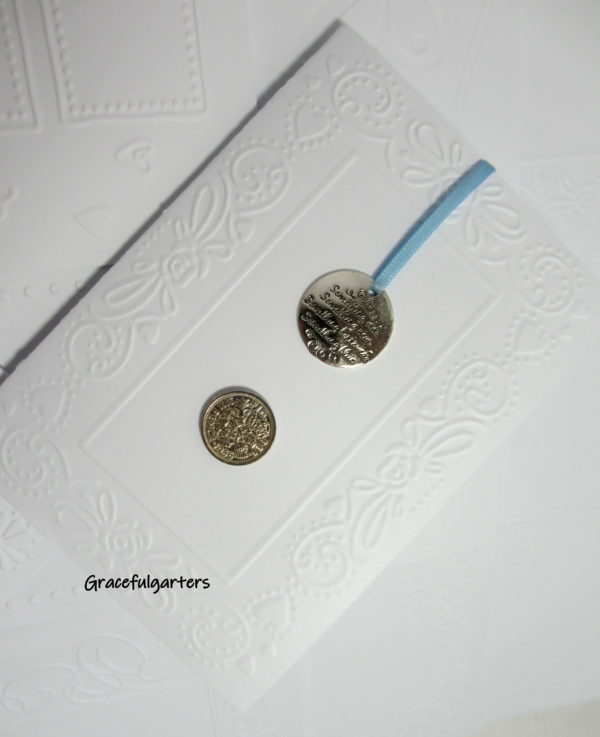 Lucky Sixpence & Charm inside Embossed Card. Something Old Something New..